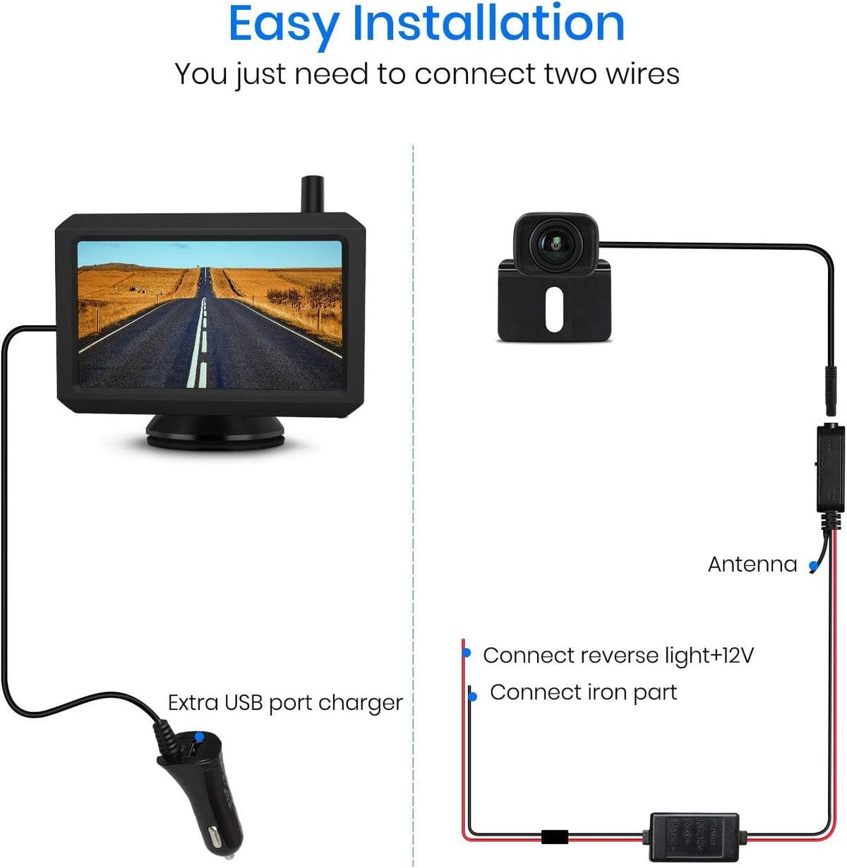 AUTO-VOX W7 Draadloze Digitale Achteruitrijcameraset Met 5 Inch (12,7 cm) Lcd-Monitor Met Antenne, Ingebouwde Radiozender, Draadloze Parkeerhulp, Waterdicht Ip68 Backup Achteruitrijcamera, Nachtzicht