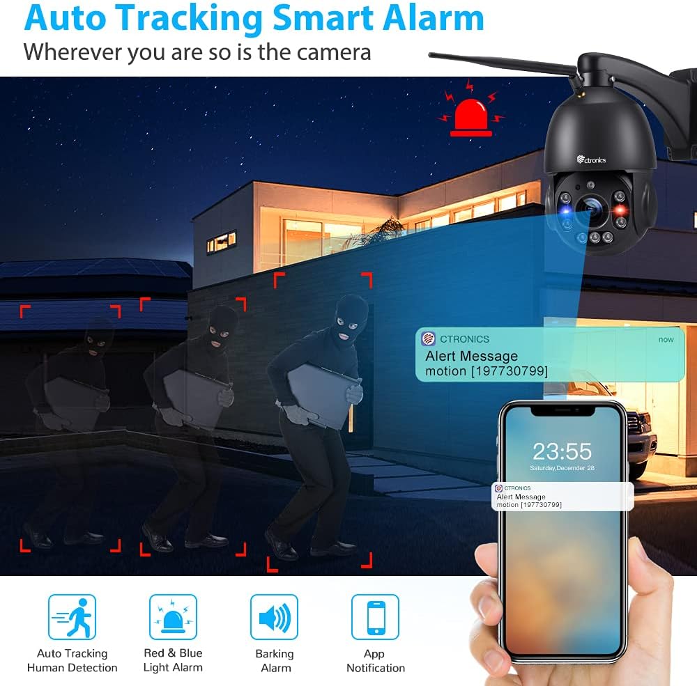 30X Zoom 5MP Outdoor PTZ Wifi Camera, Ctronics Video Camera met Pan 355 ° Tilt 90 °, 150m Nachtzicht, Auto Tracking, Menselijke Detectie, Hoorbaar Alarm, 2-Way Audio, Waterdicht 66-Zwart