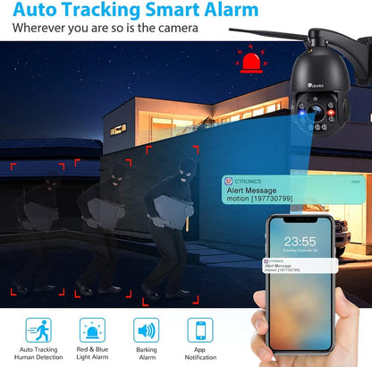 30X Zoom 5MP Outdoor PTZ Wifi Camera, Ctronics Video Camera met Pan 355 ° Tilt 90 °, 150m Nachtzicht, Auto Tracking, Menselijke Detectie, Hoorbaar Alarm, 2-Way Audio, Waterdicht 66-Zwart