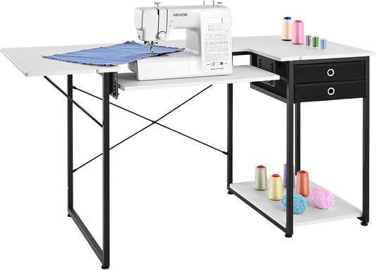 VEVOR Naaitafel, multifunctionele naaimachinetafel met opvouwbare zijplank, verstelbare plank, stalen poten, computerbureau voor thuis, modestudio, kunststudio, onderwijsinstelling, wit