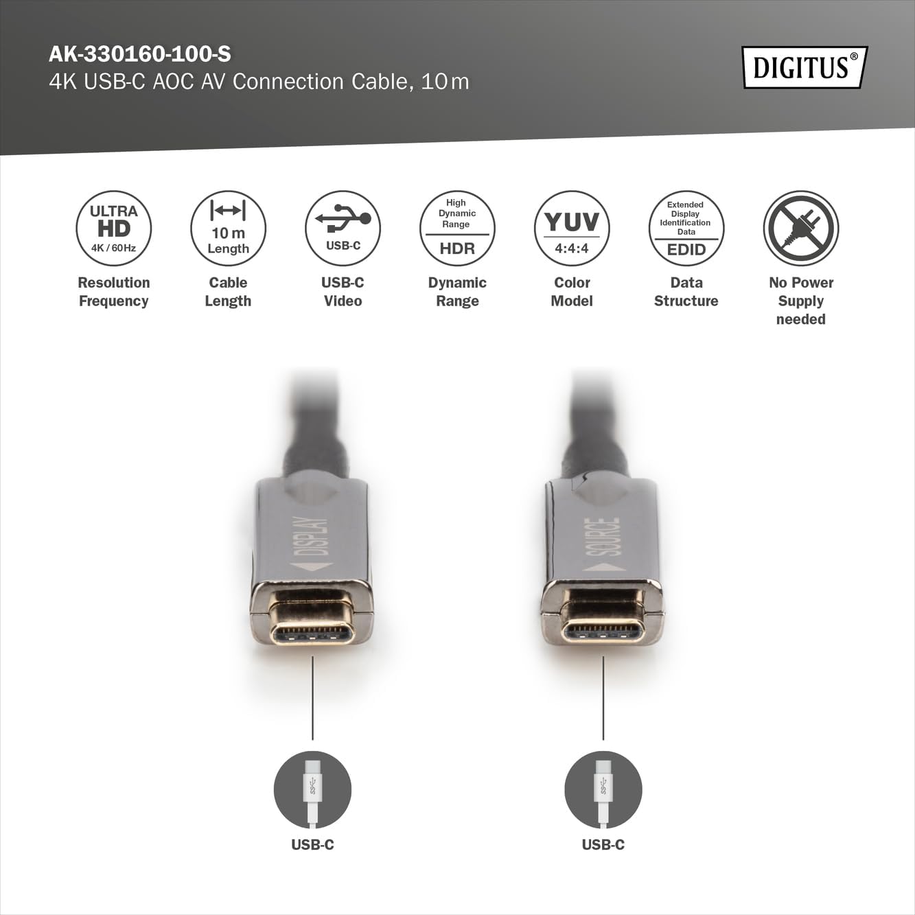 DIGITUS USB-C AOC hybride glasvezel AV verbindingskabel - USB 3.1 - Displayport 1.2 - DP Alt-Mode - Plug&Play - Audio/Video kabel - 10m - zwart