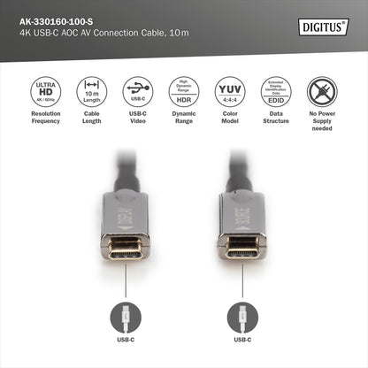 DIGITUS USB-C AOC hybride glasvezel AV verbindingskabel - USB 3.1 - Displayport 1.2 - DP Alt-Mode - Plug&Play - Audio/Video kabel - 10m - zwart
