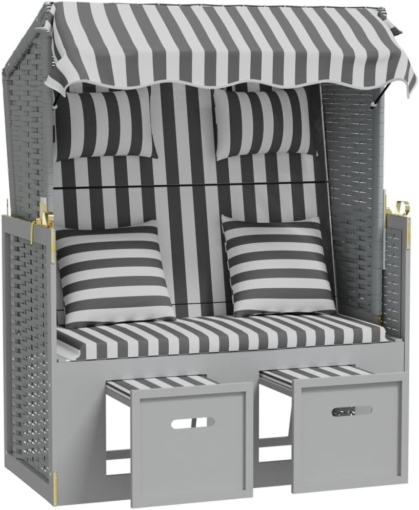 vidaXL Beach Chair with Cushions Poly Rattan and Solid Wood Grey White, Beach Corb, Beach Sofa, Lounger, Seating Chair, Beach Furniture, Beach Corbs, Seating Chairs - QUORE