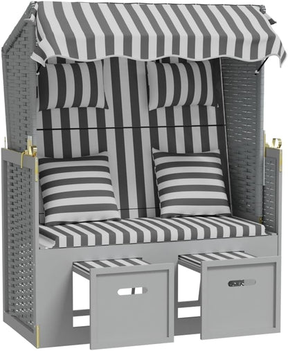 vidaXL Beach Chair with Cushions Poly Rattan and Solid Wood Grey White, Beach Corb, Beach Sofa, Lounger, Seating Chair, Beach Furniture, Beach Corbs, Seating Chairs - QUORE