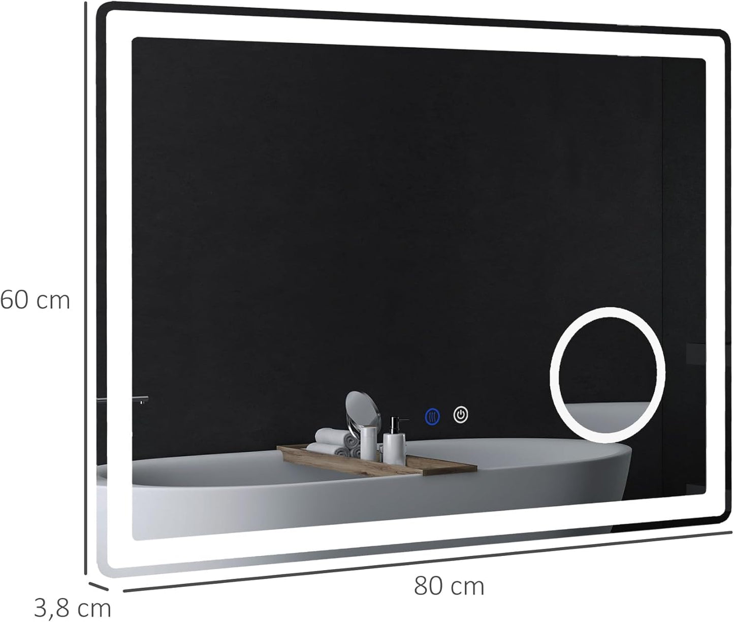 LED Badkamerspiegel – Spiegel – Wandspiegel – Vergrotende Spiegel – Make-up Spiegel – 80x60 cm – 3x Vergroting – Anti-Condens Met 3 Lichtkleuren - QUORE