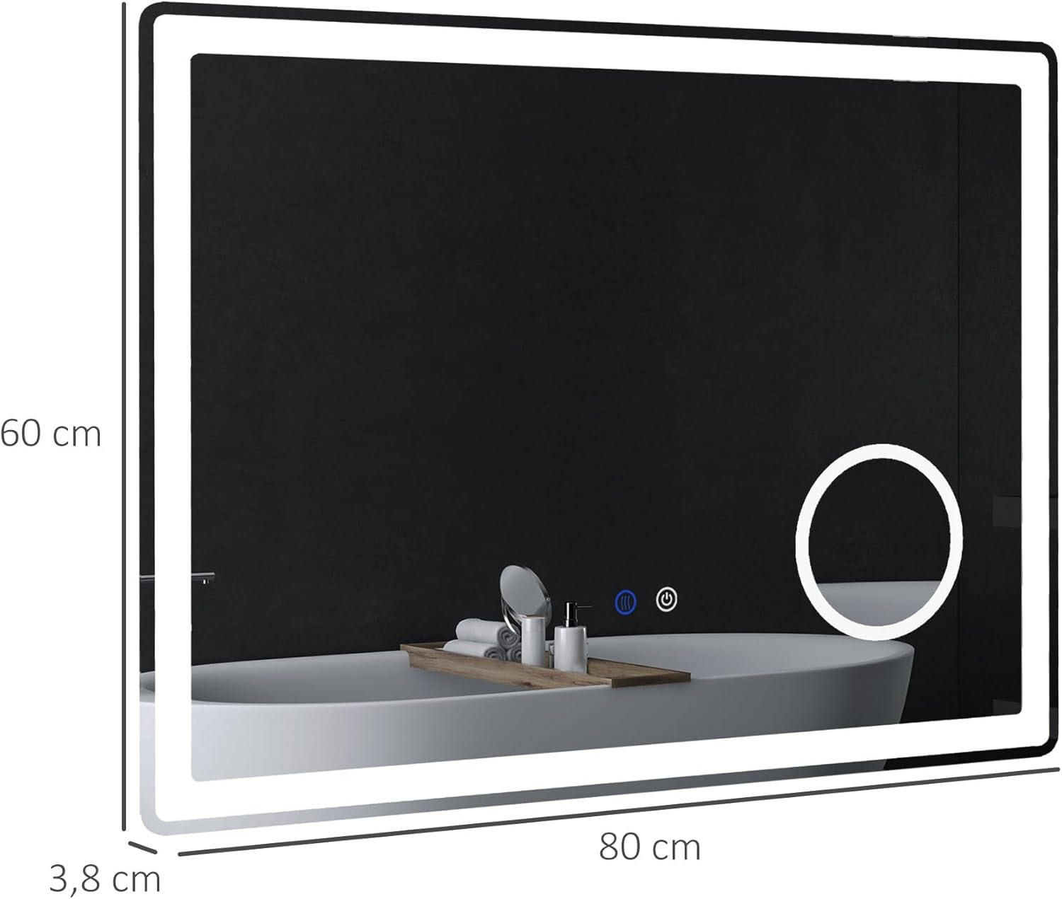 LED Badkamerspiegel – Spiegel – Wandspiegel – Vergrotende Spiegel – Make-up Spiegel – 80x60 cm – 3x Vergroting – Anti-Condens Met 3 Lichtkleuren - QUORE
