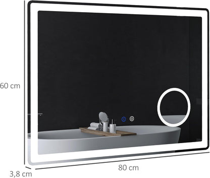 LED Badkamerspiegel – Spiegel – Wandspiegel – Vergrotende Spiegel – Make-up Spiegel – 80x60 cm – 3x Vergroting – Anti-Condens Met 3 Lichtkleuren - QUORE