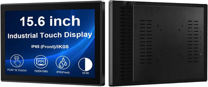 VSDISPLAY Industriële touchscreen-monitor, Full HD, 15,6 inch, 1920 x 1080, 250 nits, contrast 3000:1, IP65-front, 10-punts touchscreen, geavanceerde temperatuur
