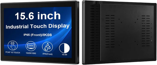 VSDISPLAY Industriële touchscreen-monitor, Full HD, 15,6 inch, 1920 x 1080, 250 nits, contrast 3000:1, IP65-front, 10-punts touchscreen, geavanceerde temperatuur