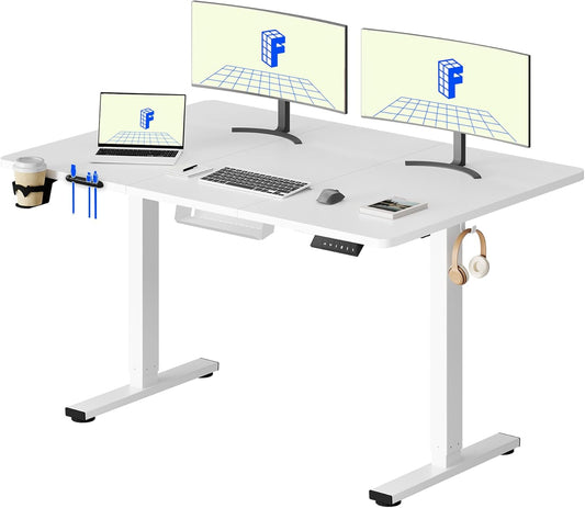 FLEXISPOT QS1 PRO Electric Standing Desk - Height Adjustable Sit-Stand Desk - Home Office/Study Room with Cup Holder & Hooks - 4-Stand Memory Module - (140x60cm) White