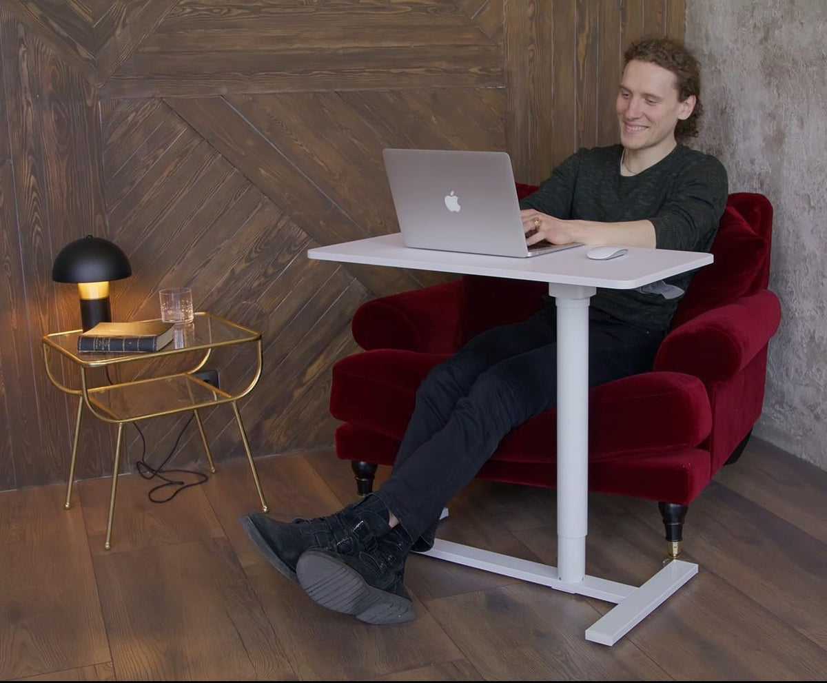Tatkraft Relax Airlift Pneumatisch zit-sta laptopbureau met wielen, in hoogte verstelbaar 29-45 inch Moeiteloze gasliftregeling, thuiskantoor mobiele rollende laptopstandaard, groot tafelblad, wit