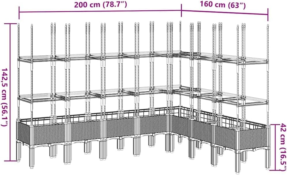 Flower Box for Garden with Integrated Polypropylene Trellis Raised Design and Rattan Look White 200 x 160 x 142.5 cm, Ideal for Climbing Plants, Vegetables - QUORE
