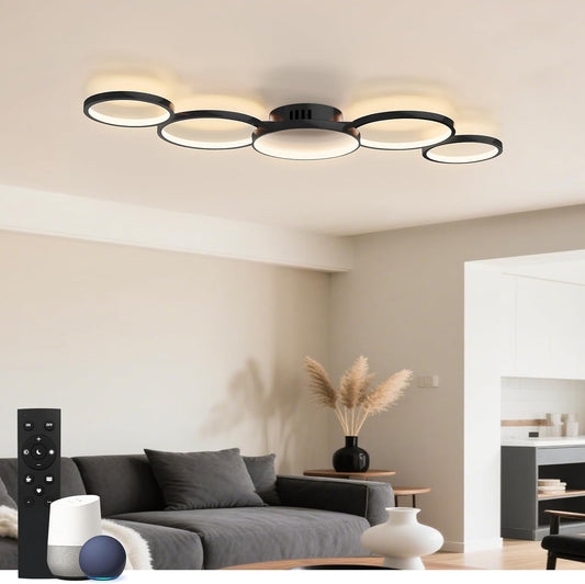Sky angle Led-plafondlamp met Alexa-app, Google Home, rond, wit, dimbaar, met afstandsbediening, plafondlamp woonkamer, 50 W, 6000 lm, 3000 K-6000 K, voor slaapkamer, 100 cm, zwart, smart
