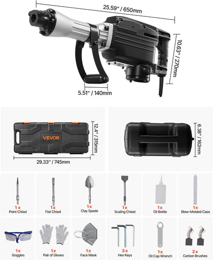VEVOR Demolition Hammer, 2800 W, Electric Chisel 1200 BPM, Concrete Breaker with 3 Chisels, 1 Clay Shovel, Transport Case, Gloves, Goggles, for Chiseling, Construction, Destruction