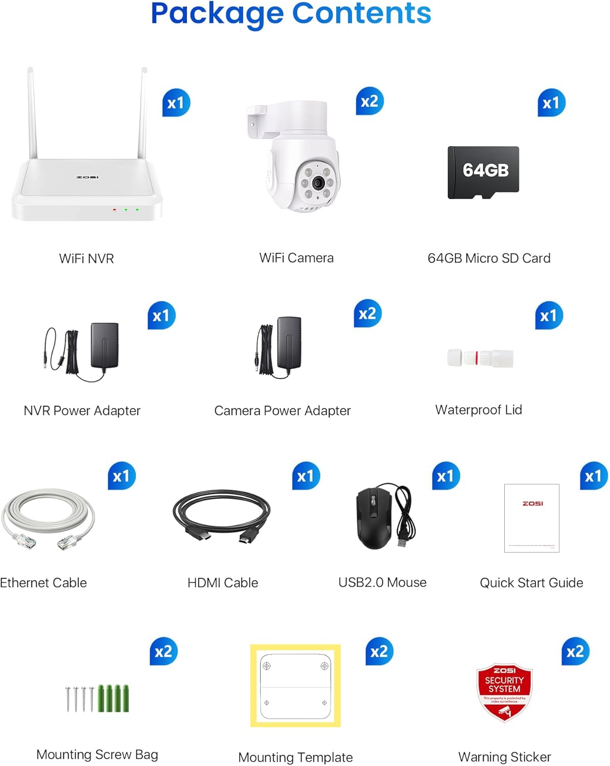 ZOSI 5MP Bewakingscamerakit WiFi 6 voor Buiten, 8CH 3K Draadloze NVR-Recorder met 64 GB Geheugenkaart en 2x 360° Pan/Tilt Beveiligingscamera, Persoonsdetectie en -Tracking, Audio