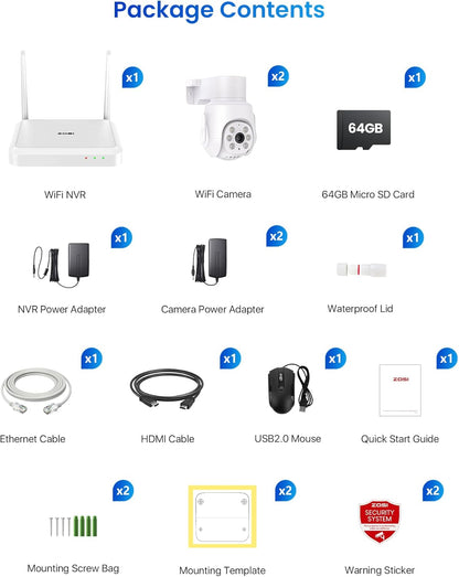 ZOSI 5MP Bewakingscamerakit WiFi 6 voor Buiten, 8CH 3K Draadloze NVR-Recorder met 64 GB Geheugenkaart en 2x 360° Pan/Tilt Beveiligingscamera, Persoonsdetectie en -Tracking, Audio