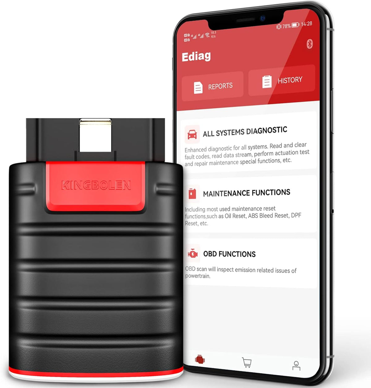 KINGBOLEN Ediag OBD2 Scanner Bluetooth, volledig systeem draadloze autoscanner met actieve tests, ECU-codering, 16 resets, olie/rem/EPB/TPMS, DPF-regeneratietool 1 jaar gratis update.