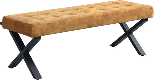 Eetkamerbank – Zitbank – Keukenbank – Loungestoel – Banc – Gele Fluwelen Bekleding – Industrieel Metalen Onderstel – 140 cm – Gewatteerd Comfort