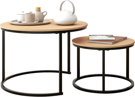 HOJINLINERO Zwarte ronde salontafel set van 2 bijzettafels voor woonkamer, 69,5 x 49 cm industriële stapelen eindtafels, houtlook accentmeubilair met metalen frame eindtafel voor slaapkamerdecoraties,