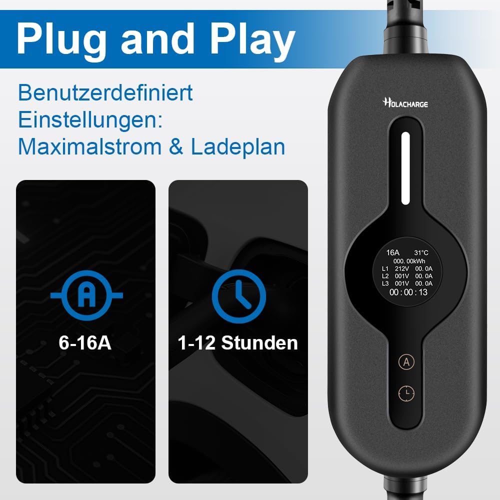 11 kW type 2 draagbare oplaadkabel elektrische auto 5 m zwart EV oplader met bestuurbaar digitaal display en CEE 3-fasig industriële stekker voor IEC 62196-2 en PHEV/EV