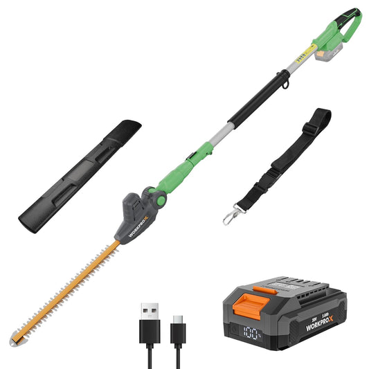 WORKPRO X Accu telescopische heggenschaar 20 V met 2,0 Ah batteie en type C oplaadkabel, 2,8 m heggenschaar snijlengte 45 cm, Ø 18 mm, heggentrimmer met telescoopstang voor tuin, hoge heggen en