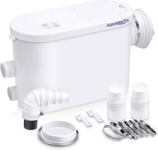 Aquamatix Silencio S Broyeur 400W Hefinstallatie Afvalwaterpomp voor hangende WC 145L/min 3 inlaten voor Douche, Wastafel, Badkuip en gootsteen met koolstoffilter, 8m verticale pompafstand