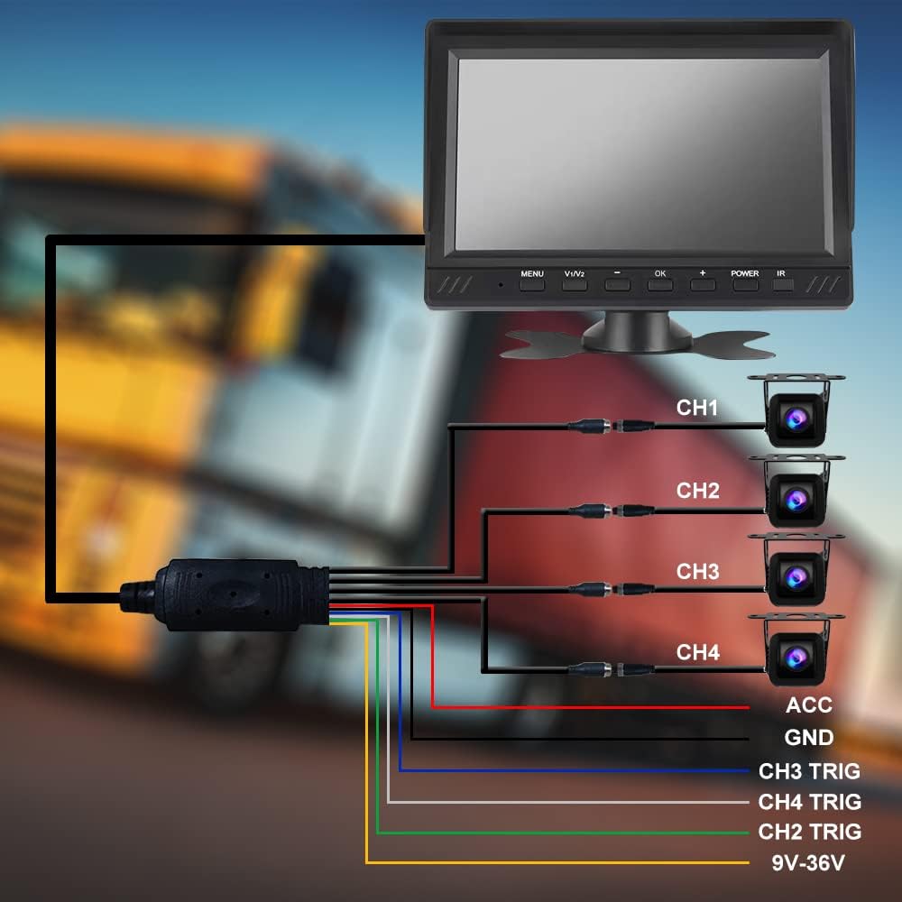 OBEST Achteruitrijcamera en monitorset, 7 inch, 4-kanaals gedeelde beeldscherm, rijopnamefunctie, 4-weg bewaking, achteruitrijbeeld, waterdicht nachtzicht, geschikt voor 9-36 V