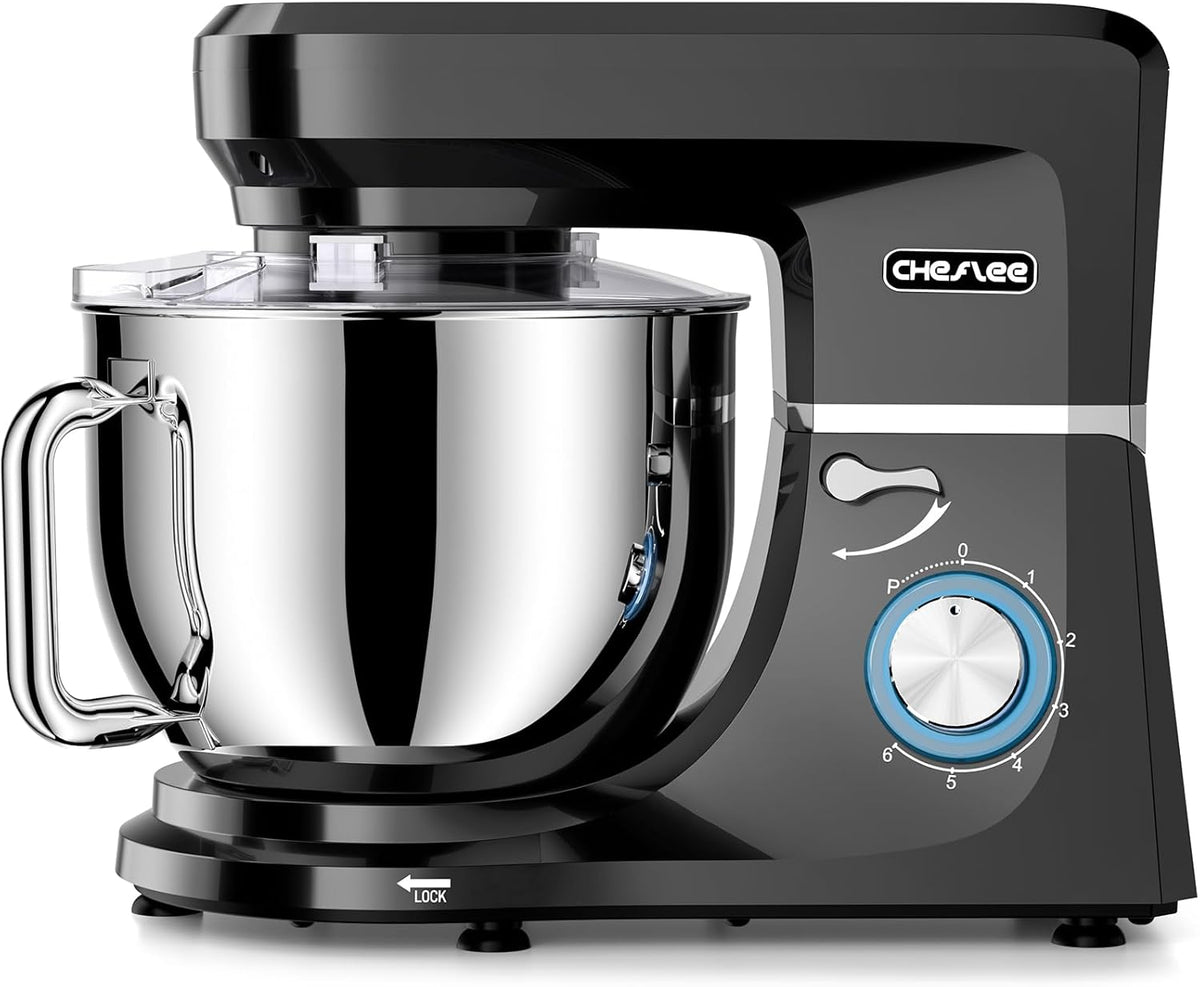 CHeflee Professionele planetaire mixer 6+P Speed Elektrische Mixer Multifunctionele Elektrische Keukenmachine met 6 Accessoires voor Deeg, Crème, Cake, Pizza (zwart)
