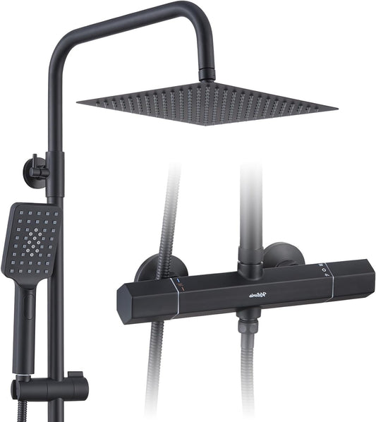 Douche Systeem – Thermostaatkraan – Regendouche – Douchekolom – Douche Set – Zwarte Afwerking – Temperatuurbegrenzer 38°C – Roestvrij Staal & Messing
