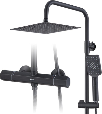 Douchesysteem met thermostaat, regendouche, doucheset, roestvrij stalen douchezuil met douchekop en handdouche, verstelbare douchestang, 960-1245 mm, complete douche-set voor badkamer, zwart