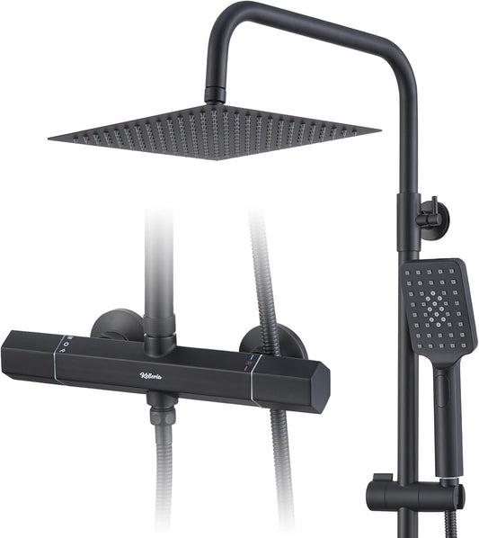 Douchesysteem met thermostaat, regendouche, doucheset, roestvrij stalen douchezuil met douchekop en handdouche, verstelbare douchestang, 960-1245 mm, complete douche-set voor badkamer, zwart