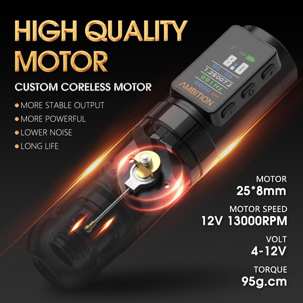 Ambition Soldier Max Tattoo Machine Rotary Cartridge Pen Gun met 2400mAh batterij Factureringsfunctie Frequentiemodus Stabiliserende systeemvoorziening voor professionele tattoo-artiesten