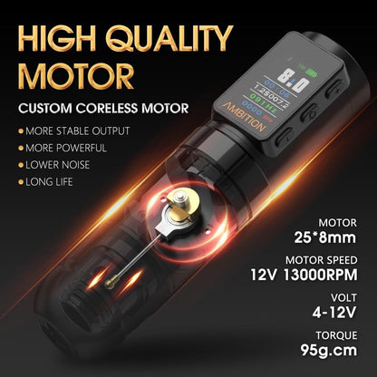 Ambition Soldier Max Tattoo Machine Rotary Cartridge Pen Gun met 2400mAh batterij Factureringsfunctie Frequentiemodus Stabiliserende systeemvoorziening voor professionele tattoo-artiesten