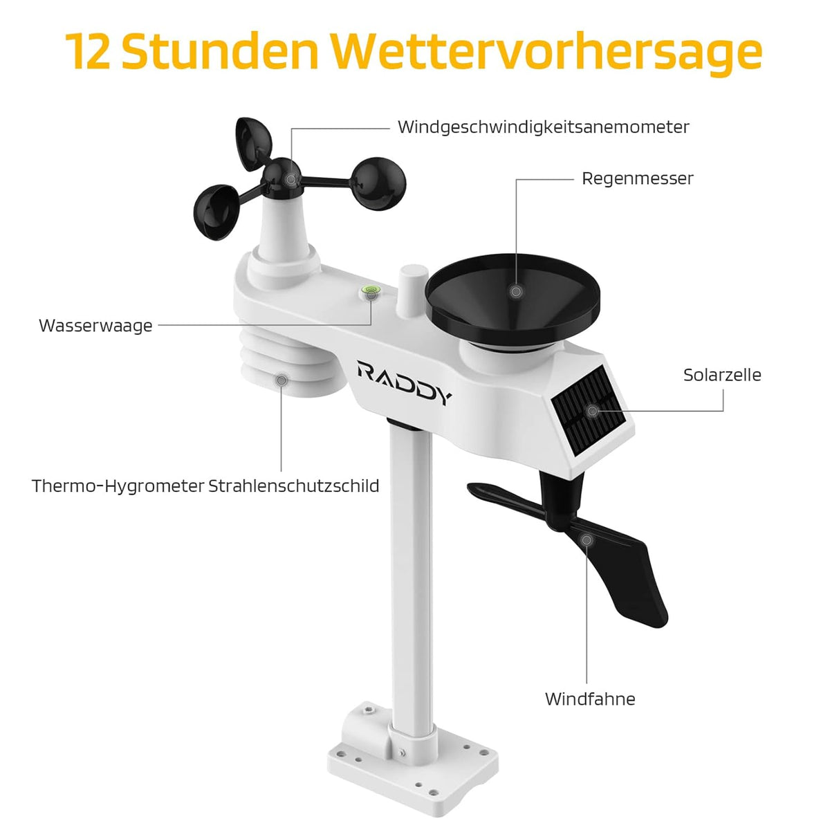 Raddy WF-100C Lite 13-IN-1 Draadloos weerstation voor binnen en buiten met temperatuur, luchtdruk, vochtigheid, anemometer, regenmeter, weersvoorspelling, voor huis, tuin