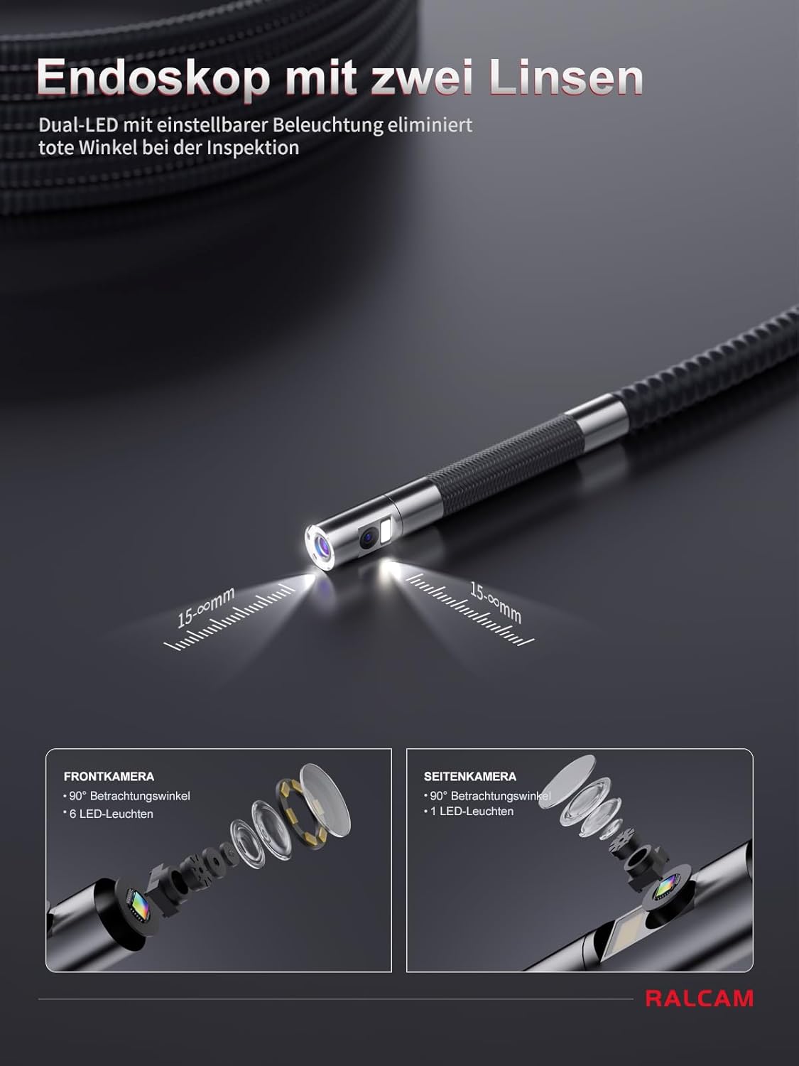 Ralcam Endoscoopcamera met licht, endoscoopcamera met 180° beweegbare kop, 6,5 mm dual-sonde, 5 inch HD-display, inspectiecamera, IP67 waterdicht, buiscamera met 1,5 m halfstijve kabel en 6 + 1 leds