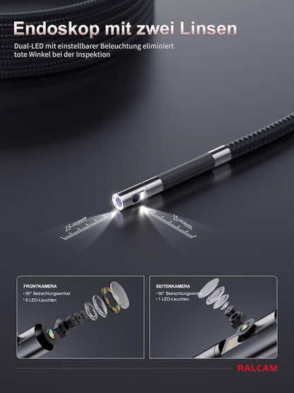 Ralcam Endoscoopcamera met licht, endoscoopcamera met 180° beweegbare kop, 6,5 mm dual-sonde, 5 inch HD-display, inspectiecamera, IP67 waterdicht, buiscamera met 1,5 m halfstijve kabel en 6 + 1 leds