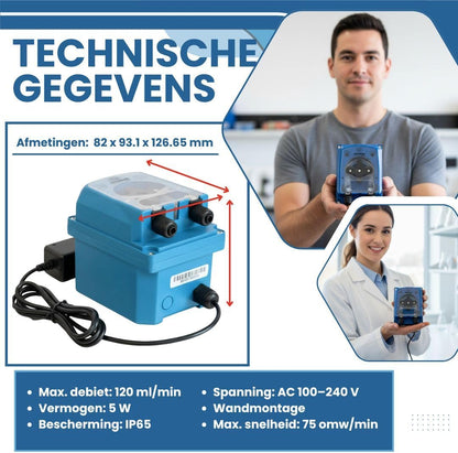 Peristaltische doseerpomp, verstelbaar, 120 ml/min, doseerder voor wasmiddel en glansspoelmiddel voor industriële vaatwassers, IP65, 5 W, wandmontage - QUORE