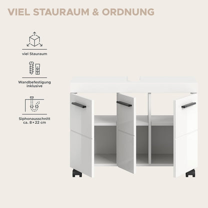xonox.home – Wastafelonderkast Nova op wielen 80 x 58 x 30 cm in wit hoogglans – grote badkamerkast met 3 deuren, 3 planken en 6 vakken – veel opbergruimte op wielen, stijlvol en bijzonder