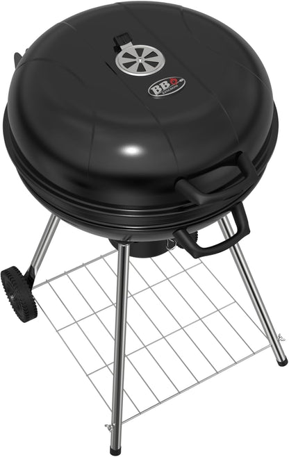 Draagbare houtskoolbarbecue, 22,5 inch ronde waterkoker met wielen, warmhoudrek, zwart, asverzamelaar