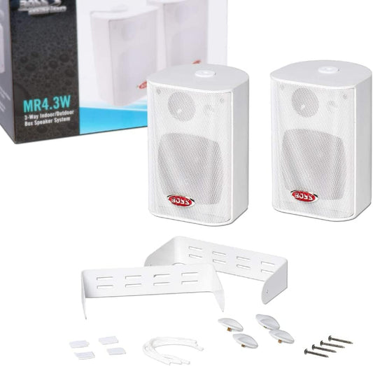 2 SPEAKERS BOSS AUDIO SYSTEMS MR4.3W 3-weg wit 100 watt rms 200 watt max waterdicht voor binnen en buiten + montagebeugels, een paar