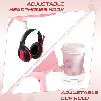 Intimate WM Heart Gaming Bureau, grote ergonomische gaming computer bureau, koolstofvezel tafelblad E-Sports bureau met verstelbare monitor plank, draaibare oortelefoon, beker, handvat houders, roze