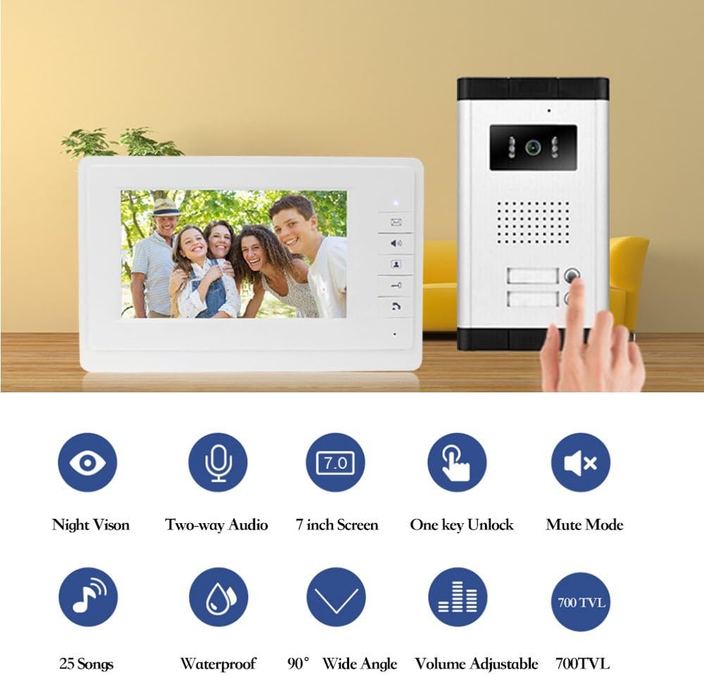 LIBO 7 inch bedraad video-deurbel deurtelefoonsysteem 2 monitoren met 1 IR-camera, twee belknoppen, nachtzicht, 800x480 hoge resolutie, geschikt voor 2 gehuisvest voor meerdere appartementen / gezinnen