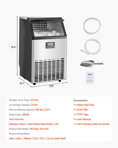 VEVOR Commerciële ijsmachine, 24 uur, 45 ijsblokjes in 15 minuten, vrijstaande ijsmachine met 13 lbs grote opslagcapaciteit voor bar, kantoor, restaurant