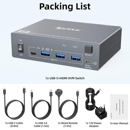 MLEEDA HDMI+USB C KVM Switch Dual Monitor 1 Laptop en 1 Desktop 4K@60Hz, USB C HDMI KVM Switch 2 PC 2 Monitor met 4 USB 3.0 Poort, 80W PD Opladen, Met Bedrade Afstandsbediening, USBC Kabel