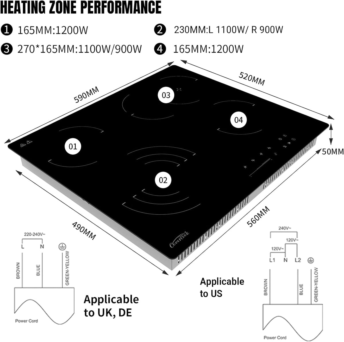 COVERCOOK Keramische kookplaat, ingebouwde 4-zone elektrische kookplaat 60 cm, keramische kookplaat, 6700W, dubbele ovale zone, drievoudige dubbele ringfunctie, timer, veiligheidsslot, geen stekker