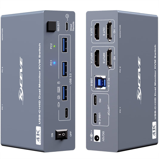 KVM Switch 2 Monitoren 1 Desktop 1 Laptop 4K@60Hz, 7 in 1 Dual Monitor KVM Switch Docking Station, 2 HDMI Displays Uitbreiden, 4 USB 3.0, PD 80W, met Bekabelde Afstandsbediening en USB C Kabel