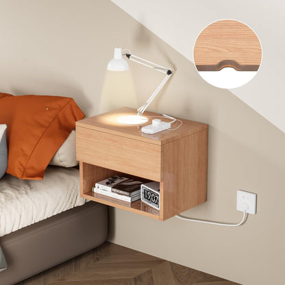 Drijvend nachtkastje, modern wandgemonteerd plank en bureau, bijzettafel houten lade, houten modern nachtkastje voor slaapkamer (beuken TC2, set van 2)