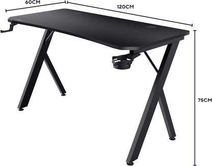 Trust Gaming GXT 712 Dynamus Gaming Bureau 120 x 60 cm, Gaming Desk met Headsethaak en Bekerhouder, Metalen Frame, Gaten voor Kabelbeheer, Office Desk voor Kantoor Studie Streaming Werk, Zwart