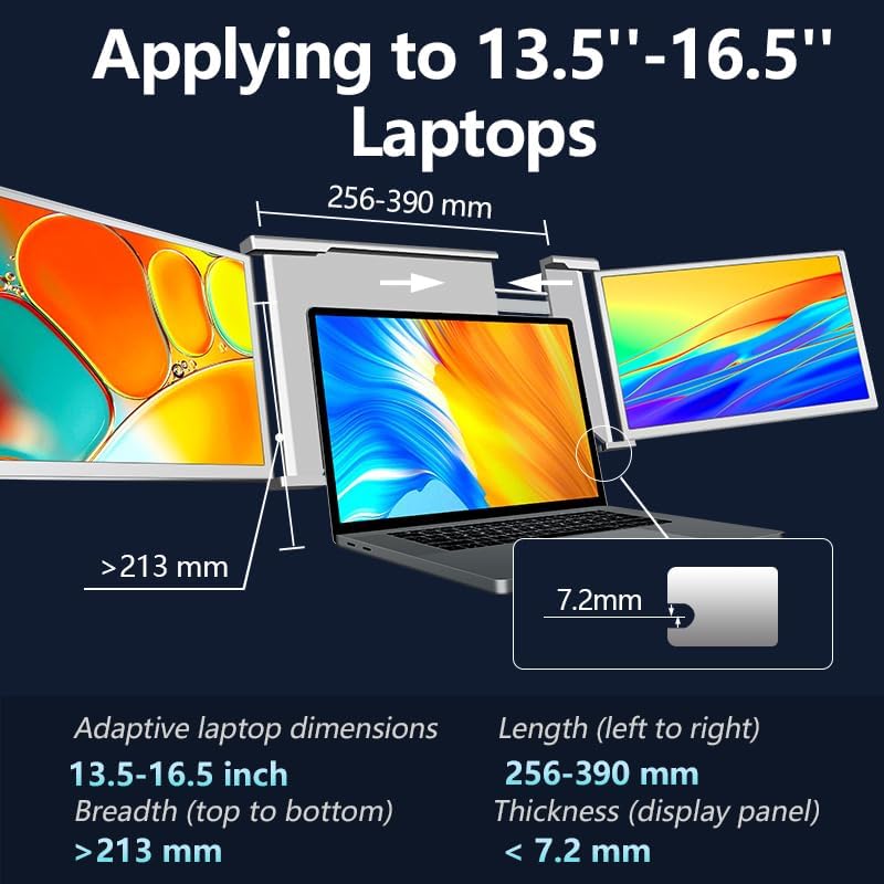 FullHD 1980p IPS 35.6 cm (14") Dual Monitor for Laptop, Dual Screen, Triple Screen for Laptop, Portable Dual Screen Monitor, Compatible with 13-16.5 Inch Windows/Mac/Chrome - QUORE