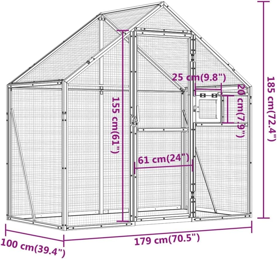 Volière – Vogelvolière – Buitenren – Vogelkooi – Kippenhok – Aluminium Frame – Afsluitbare Deur en Raam – Ruim 179x100x185 cm – Antraciet
